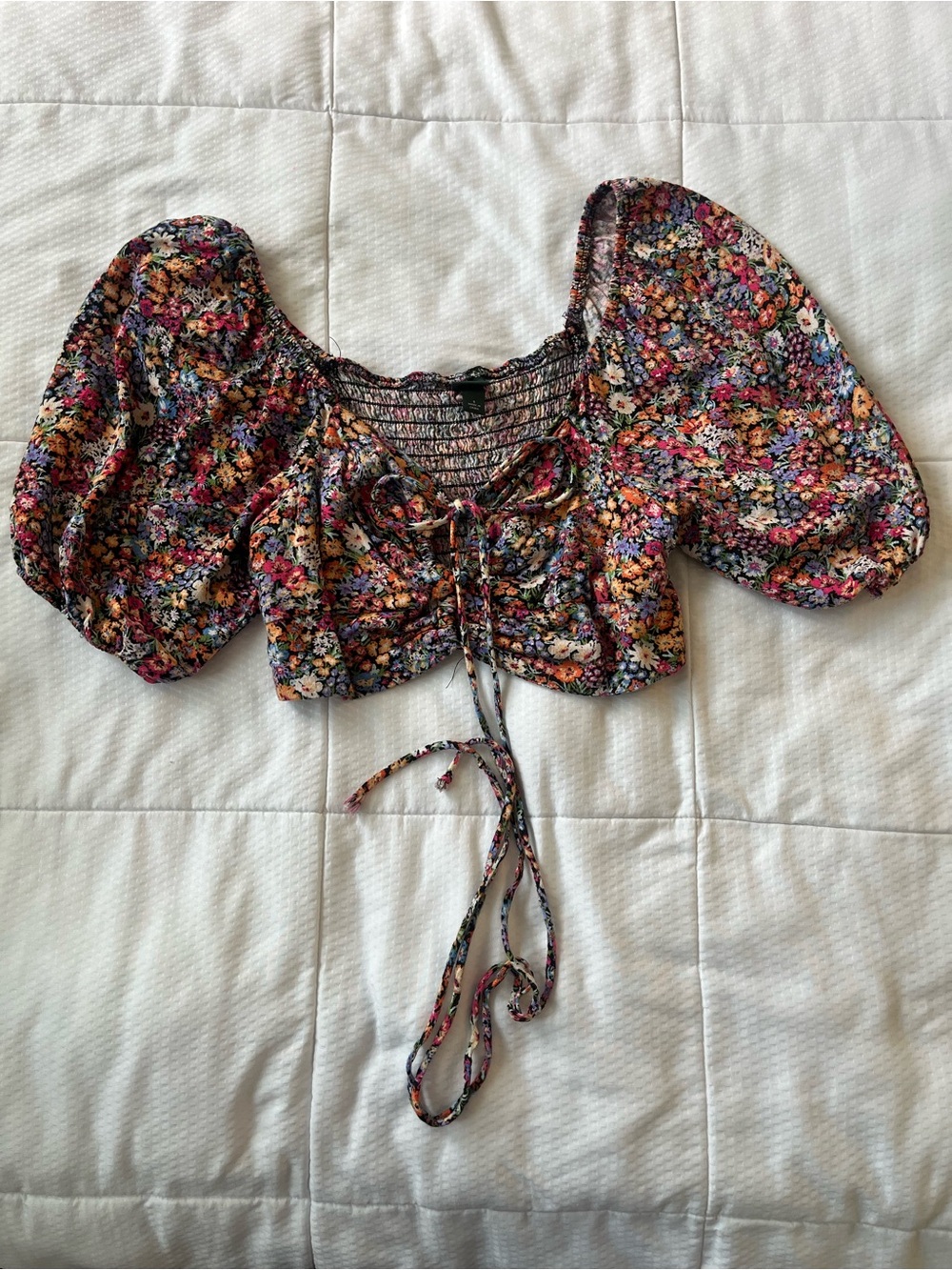 Floral Puff-Sleeve Crop Top - Multicolor
